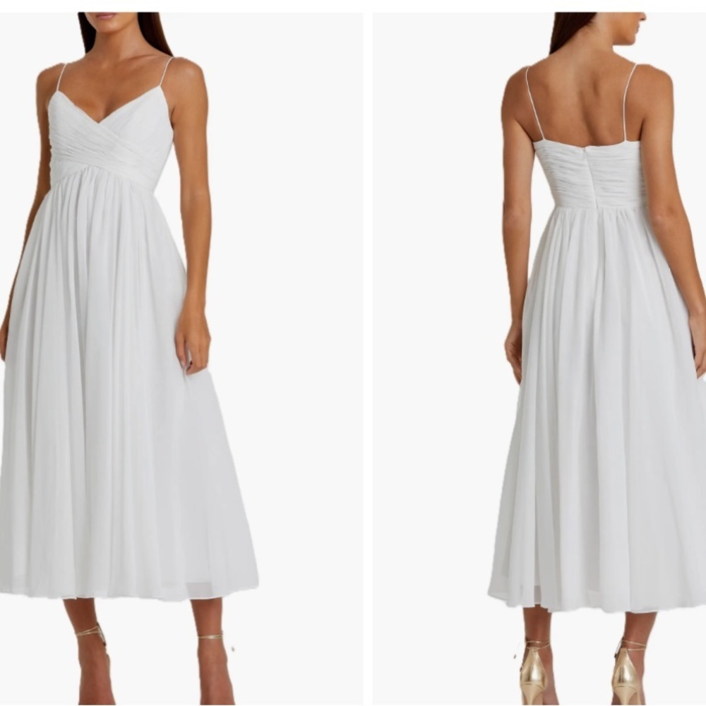 Mac Duggal White Spaghetti-Strap Midi with Ruched Bodice